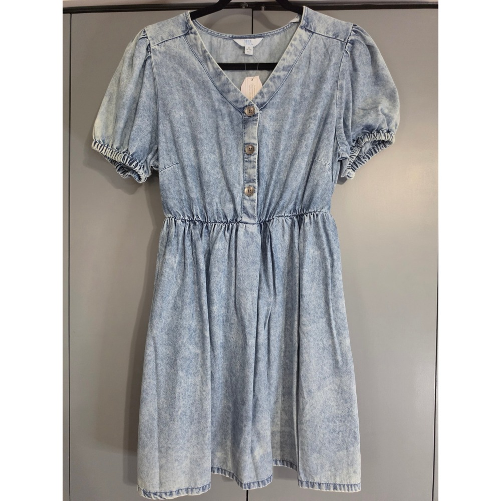 NWT Time and Tru Denim Dress M 8-10 Light Blue Acid Wash Puff Sleeve V-Neck Mini